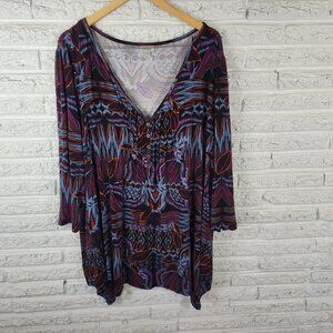 Avenue Women's 26/28 Plus Purple Blue Geometric Tunic V-Neck 3/4 Sleeve GEO130E